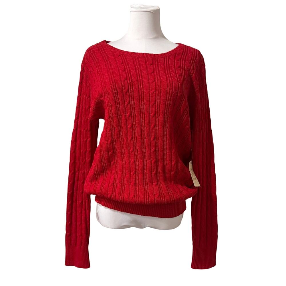 NWT St. John’s Bay Red Cable Knit Sweater Womens XL Cotton Blend Preppy Academia